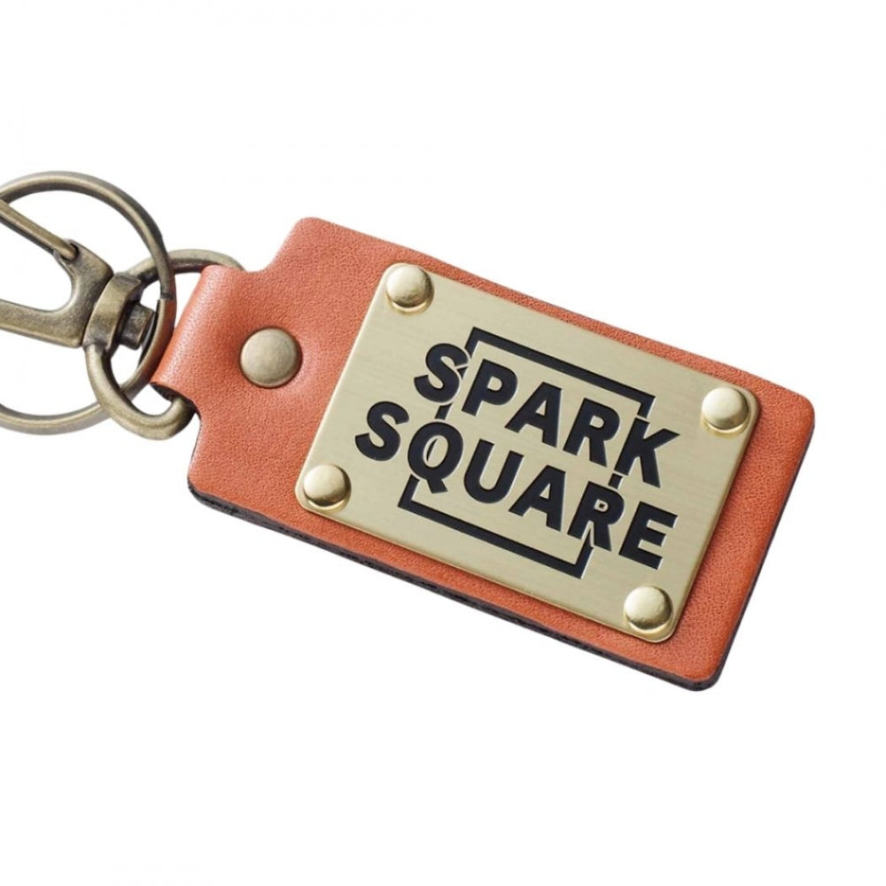 オリジナル キーホルダー ナスカン付き 牛革ゴールドプレート 長方形型 両面貼り合わせ革使用